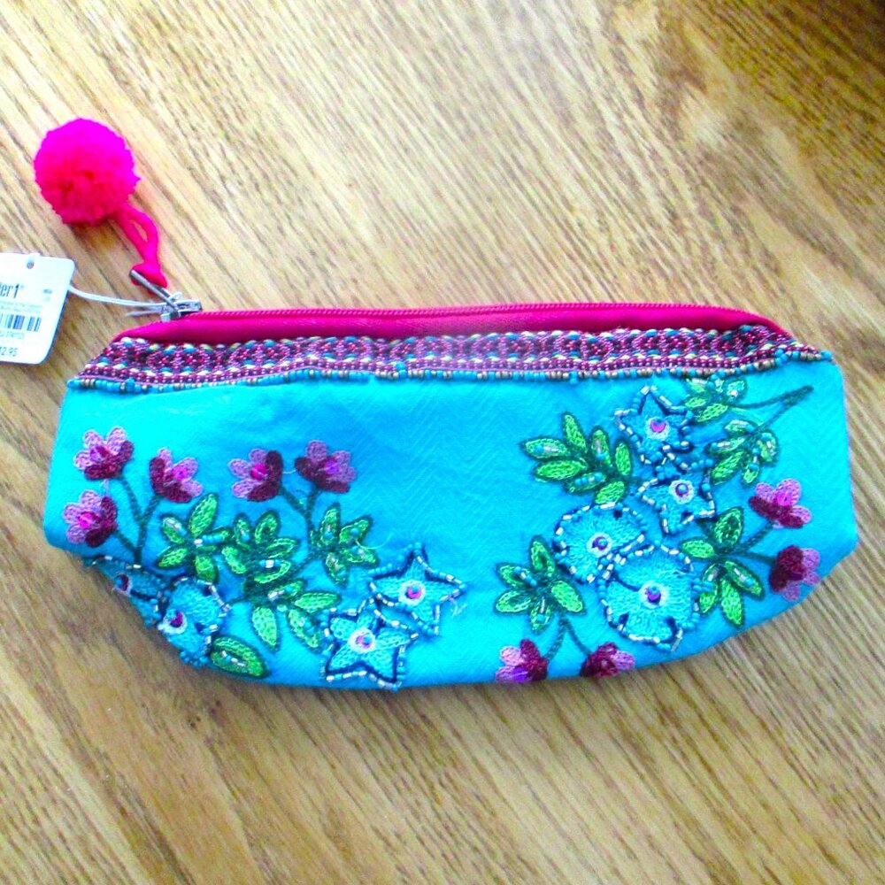 PIER ONE Hand Embroidered Cosmetic Bag Turquoise Beaded Pouch Zipper Brand New